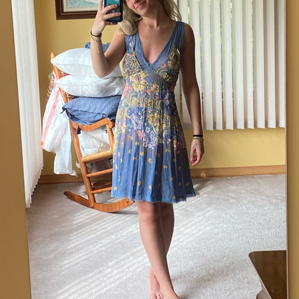 Vintage Free People Flowy Blue Floral Summer M Dress